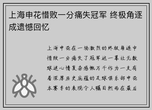 上海申花惜败一分痛失冠军 终极角逐成遗憾回忆