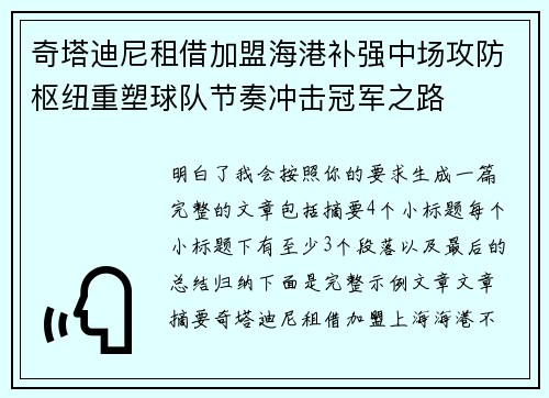 奇塔迪尼租借加盟海港补强中场攻防枢纽重塑球队节奏冲击冠军之路 奇塔迪尼租借加盟海港补强中场攻防枢纽重塑球队节奏冲击冠军之路