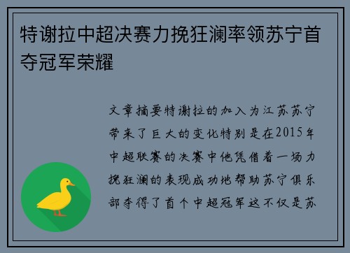特谢拉中超决赛力挽狂澜率领苏宁首夺冠军荣耀